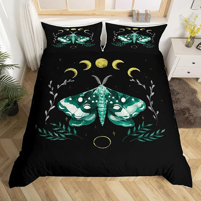 Moth Duvet Cover Set King,Leaves and Sun Moon Bedding Set 3 Pcs for Kids Teens Boys Girls Room Decor,Gothic Animals Plants Themed Comforter Cover Soft Black Quilt Cover with 2 Pillowcases