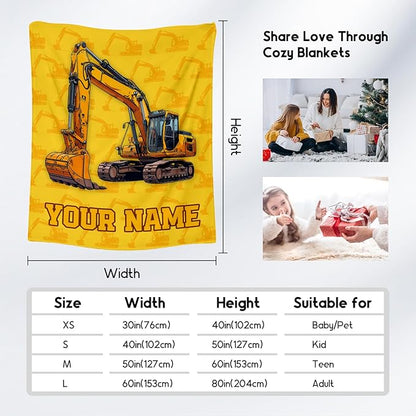 Personalized Blankets for Kids, Cozy Soft Excavator Throw Gifts for Boys, Yellow Flannel Construction Blankets for Couch Office, 30x40 Inches