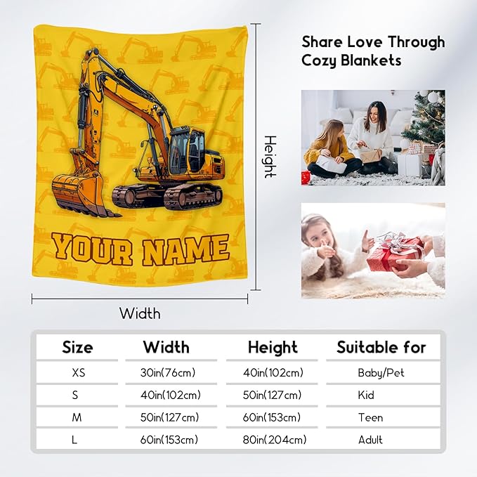 Personalized Blankets for Kids, Cozy Soft Excavator Throw Gifts for Boys, Yellow Flannel Construction Blankets for Couch Sofa, 40x50 Inches