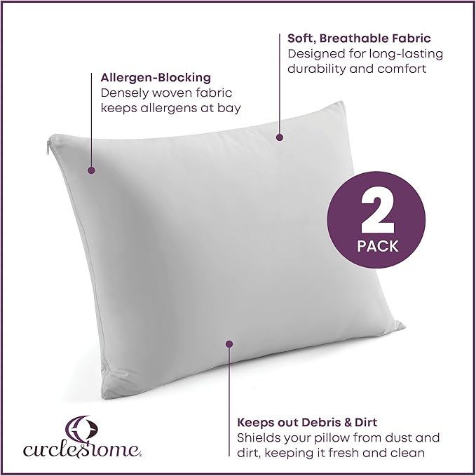 CirclesHome Pillow Protectors 2 Pack Standard Zippered - 100% Cotton Breathable Pillowcases - Protects Pillows from Dirt, Dust and Debris (Standard - Set of 2 - 20x26)