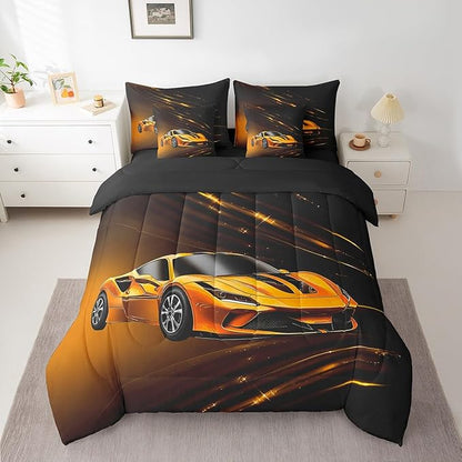 Feelyou Boys Yellow Race Car 7 Piece Bedding Set Twin Size Speed Sports Car Comforter Set with Sheets for Kids Teens Adult Fast and Furious Bed in a Bag Yellow Ombre Bed Set