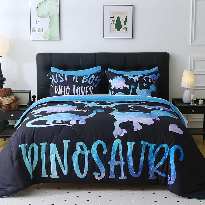 7 Piece Boys Dinosaur Comforter Set Queen Size Blue Dinonsaur Soft Microfiber Bed in A Bag with Comforter,Sheet Set,Pillowcase and Sham for Child Teens All Season