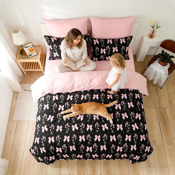Full Duvet Cover 3Pcs Black Pink Bow Bedding Set for Girls Kids, Cute Floral Bowknot Design, Super Soft 100% Microfiber Comforter Cover (2 Pillowcases, No Comforter)