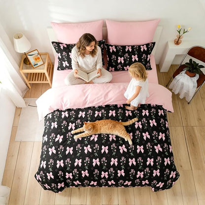 Full Duvet Cover 3Pcs Black Pink Bow Bedding Set for Girls Kids, Cute Floral Bowknot Design, Super Soft 100% Microfiber Comforter Cover (2 Pillowcases, No Comforter)