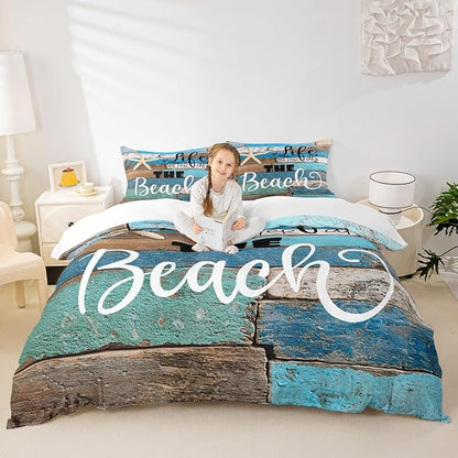 Blue Farmhouse Duvet Cover King Size,Lake House Barn Door Bedding Set for Kids Teens Adults Room Decor,Hawaiian Ocean Comforter Cover Starfish Sea Life Quilt Cover,2 Pillowcases,Vintage Brown