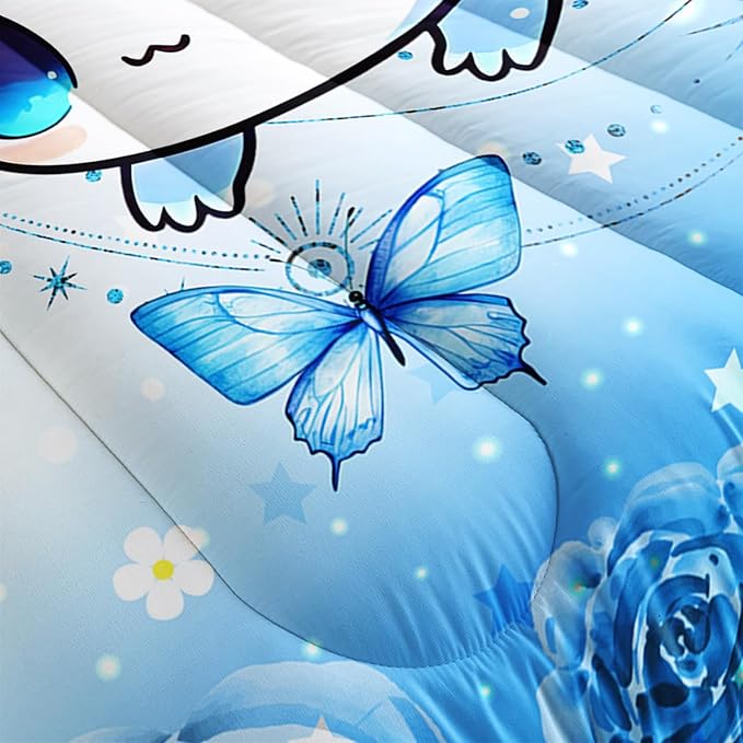 Cartoon Axolotl Bedding Comforter Set King Size, Cute Ocean Animal for Kids Girls Room Decor, Blue With Butterfly Flowers and 2 Pillowcases