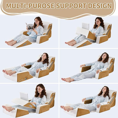 9PCS Wedge Pillow Set for After Surgery Recovery, Adjustable Memory Foam Neck Pillow, Foam Leg Pillow, Relieves Neck, Leg Pain, Sleep Apnea, and Functions as a Reading Pillow Brown