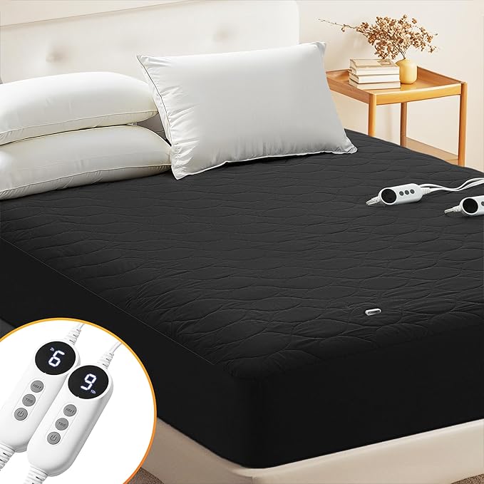 MASVIS Heated Mattress Pad California King Size - Dual Control, 6 Heat Settings & 10-Hour Auto Off, Quilted Electric Bed Cover, Bed Warmer with Deep Pocket Fast Heating Machine Washable,Black,72"x84"