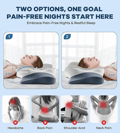 Cervical Pillow for Neck Pain Relief, Cooling Ergonomic Memory Foam Pillow with Ice Silk Pillowcase, Dual-Height Orthopedic Contour Support Pillow for Side,Back,Stomach Sleepers, CertiPUR-US Certified