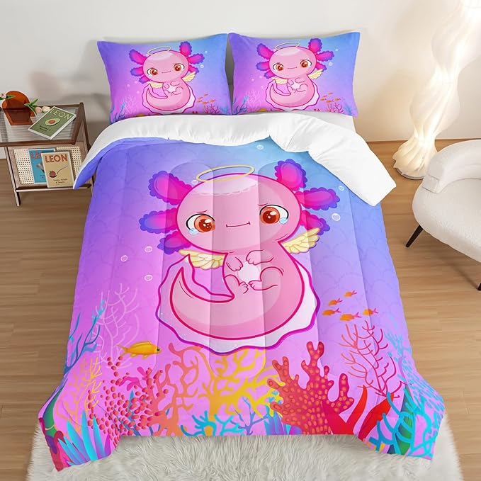 HOSIMA Cartoon 3D Print Axolotl Comforter Sets Full Size,Cute Ocean Animal Bedding Sets for Kids Girls,Color Undersea World Plant Print Comforter Sets Decorative with 2 Pillowcases.