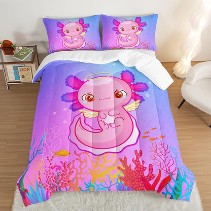 HOSIMA Cartoon 3D Print Axolotl Comforter Sets Full Size,Cute Ocean Animal Bedding Sets for Kids Girls,Color Undersea World Plant Print Comforter Sets Decorative with 2 Pillowcases.