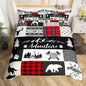 Castle Fairy Bear Deer Kids Duvet Cover Set Full Size,Hunt Arrow Adventure Wildlife Patchwork Comforter Cover with 2 Pillowcases,Red Check Boho Aztec Cabin Decor Breathable Bedspread for Boys Teens