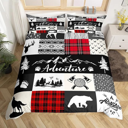 Bear Deer Kids Bedding Set Twin Size,Hunt Arrow Adventure Wildlife Patchwork Comforter Cover Set for Kids Girls,Red Check Boho Aztec Cabin Decor Bedding Quilt Cover Set Bedroom Decor, 2 Pcs