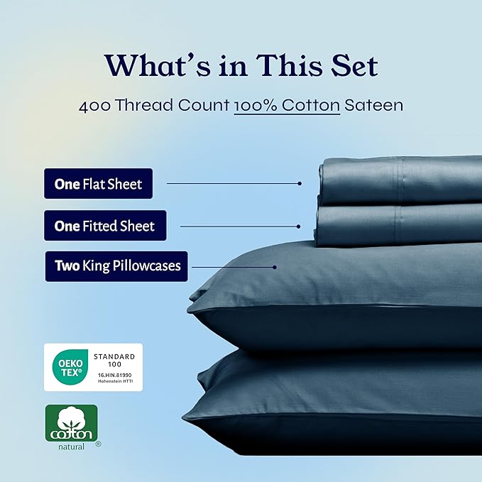 California Design Den King Bed Sheets Set - Soft 400 Thread Count Sateen, Natural 100% Cotton Sheets, Deep Pockets with All-Around Elastic for a Snug Fit, Durable Bedding Set - Peacock Blue