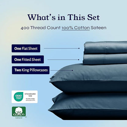 California Design Den King Bed Sheets Set - Soft 400 Thread Count Sateen, Natural 100% Cotton Sheets, Deep Pockets with All-Around Elastic for a Snug Fit, Durable Bedding Set - Peacock Blue