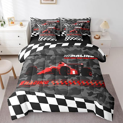 Feelyou Red Racing Car 7 Piece Bedding Set King Size Kids Boys Cartoon Race Car Comforter Set with Sheets for Teens Toddler Extreme Sports Bed in a Bag Camouflage Bed Set