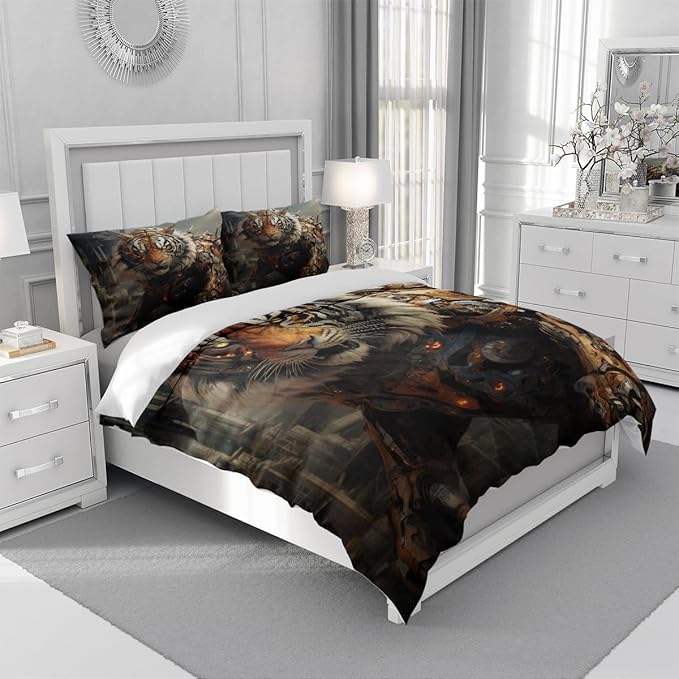 Tiger Bed Sheets Mechanical Style King Size with A Pillow Cases Standard Size,Black Tiger Print Sheet Set for Kids Boys Girls Gorgeous Animal Skin Bedroom Decor, Animal Fitted Flat Sheet