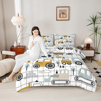 Feelyou Construction Comforter Set Queen Size Kids Excavator Tractor Toddler Comforter Cartoon Car Equipment Trucks Plaid Grid Comforter Set Construction Vehicles WhiteDuvet Set Quilt Set