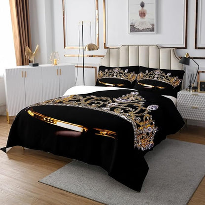 Erosebridal Gold Crown Bedspread Queen Size Diamonds Coverlet Set for Lady Boys Teens,Luxurious Bedding Set Gorgeous Crown Quilt Set Soft Cozy Luxury Bedroom Decor Black