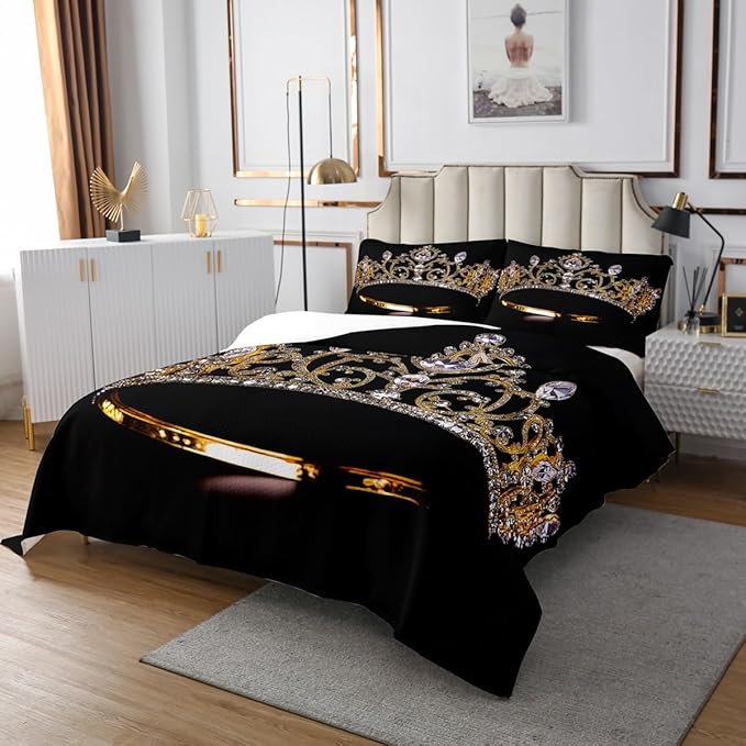 Erosebridal Gold Crown Bedspread King Size Diamonds Coverlet Set for Girls Youth Child,Luxurious Bedding Set Gorgeous Crown Quilt Set Soft Cozy Luxury Bedroom Decor Black