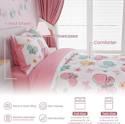 SANDJEST Butterfly Full Bedding Sets for Girls, Ultra Soft Microfiber Comforter Set with 4-Pieces, Bed Sets for Kid Tween Teen Bedroom Decor
