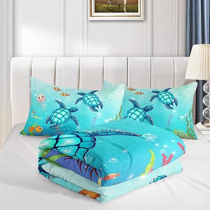 Turtle Comforter Set Twin Ocean Watercolor Sea Turtle Bedding Set Nautical Sea Animal Reptile Bed Set with 2 Pillowcases for Kids Room Decor