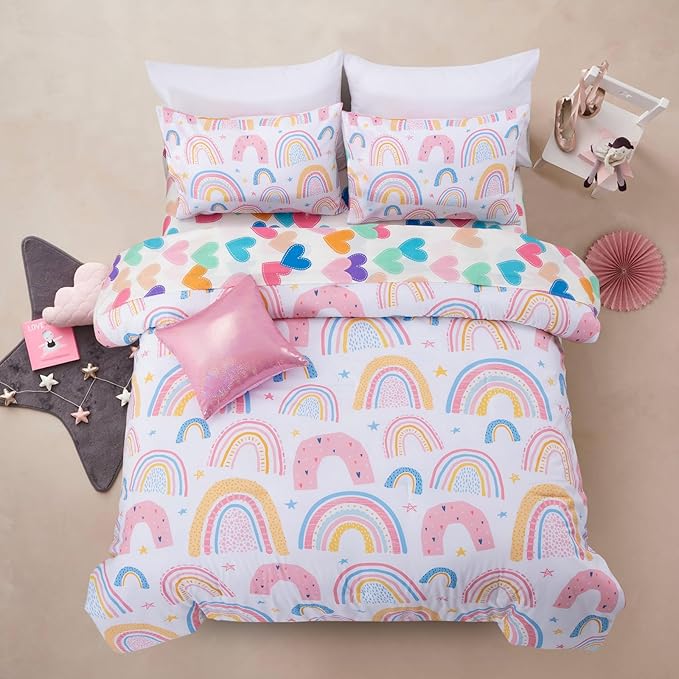 A Nice Night Lightweight Soft Cartoon Rainbow 6Pcs Twin Comforter Sets, Love Hearts Printed Bedding Set for Boys Girls,White