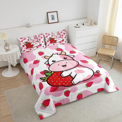 Feelyou Milk Cow Comforter Pink White Cow Strawberry Pattern Comforter Set Bedding Set for Kids Adults Kawaii Girls Milk Cow Print Duvet Set Ultra Soft Room Decor Toddler Size Quilt Set