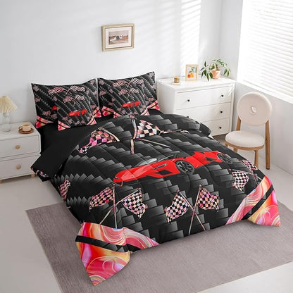 Feelyou Red Race Car 7 Piece Bedding Set Full Size Extreme Sports Comforter Set with Sheets for Kids Teens Adult Fast and Furious Bed in a Bag Dazzling Flag Bed Set