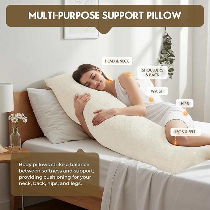 Body Pillow for Adults with Removable Pillowcase，Memory Foam Full Body Pillows for Side Sleepers, Back Pain, Pregnancy, Large Long Pillow Fluffy with Cover for Bed,20x54 Inch, Cream