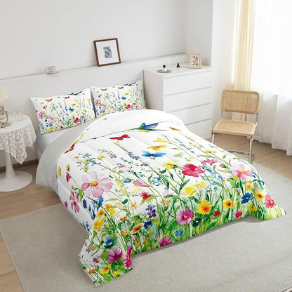 Erosebridal Wildflower Full Bedding Set for Girls,Colorful Boho Floral Comforter Set for Kids Women,Spring Flower Butterfly Hummingbird Quilt,Botanical Flowers Bedroom Decor with 2 Pillowcases