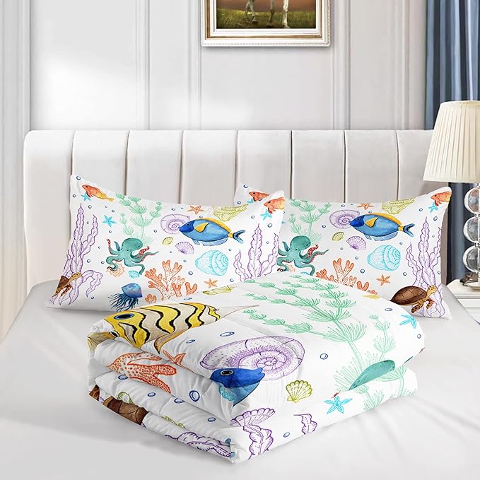 Turtle Comforter Set Full Ocean Watercolor Sea Turtle Bedding Set Tropical Fish Marine Life Bed Set with 2 Pillowcases for Kids Room Decor