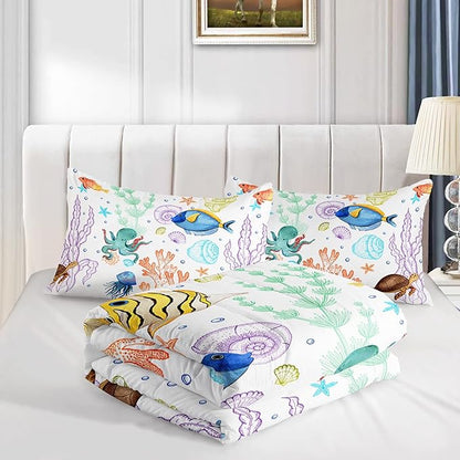 Turtle Comforter Set Full Ocean Watercolor Sea Turtle Bedding Set Tropical Fish Marine Life Bed Set with 2 Pillowcases for Kids Room Decor