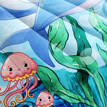 Dolphins Animal Aqua Blue Green Sea Comforter 3pcs Full Kids Coral Jellyfish Comforter Set for Boys Girls Ocean Waves Bedding Fish Quilt Bed Set with 1 Comforter and 2 Pillowcases