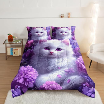 HOSIMA Cat Queen Bedding Sets for Girls Room Decor,Cat Surrounded by Flowers Print Lightweight Cute Comforter,Fluffy Animal Themed Princess Bedding for Kids Teens with 2 Pillowcases.