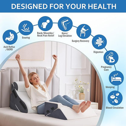 5Pcs Orthopedic Bed Wedge Pillow Set for After Surgery, Adjustable Wedge Pillow for Acid Reflux Relief, Bed Wedge Pillow Post Surgery, Memory Foam Wedge Pillows for Sleeping, White/Grey