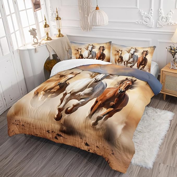Kid Galloping Horse Comforter Set Queen Animal Theme Handsome Horse Bedding Set Wild Animal Grey Sky Sand Decor Quilt Bed Set for Boys Girls Adult, 1 Comforter + 2 Pillowcases