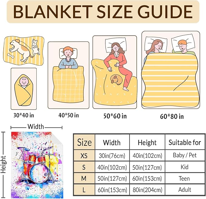 Music Blanket for Kids Teens Adults, 50x60 Inches Drum Kit Throw Blanket Gifts for Music Enthusiast Drummer Boys Girls, Cute Soft Fuzzy Flannel Music Themed Blanket Decor for Couch Sofa Bed