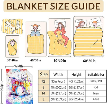 Music Blanket for Kids Teens Adults, 50x60 Inches Drum Kit Throw Blanket Gifts for Music Enthusiast Drummer Boys Girls, Cute Soft Fuzzy Flannel Music Themed Blanket Decor for Couch Sofa Bed