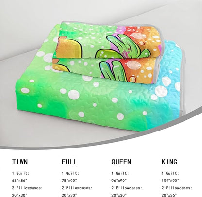 AILONEN Cartoon Frog Quilt Full Size Bedding Set & 2 Pillowcases,Rainbow Bedspread Coverlet,3Pcs Kawaii Colorful Frog Quilt Set for Kids Boys Girls,All Season