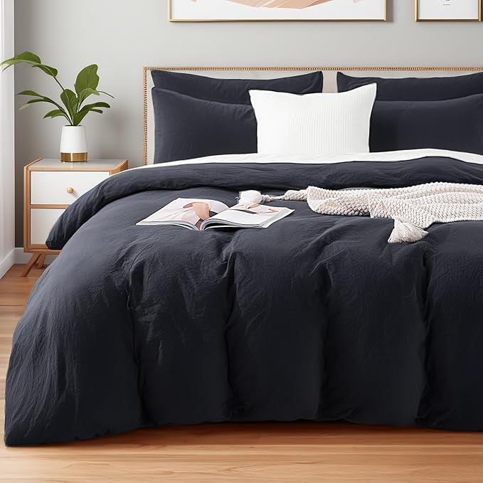 NEXHOME PRO Queen Duvet Cover Set, 100% Certified Organic Cotton with Washed Feel & Linen-Like Texture, Comfortable & Breathable, Home Bedding Set Dark Grey (No Comforter) 9090
