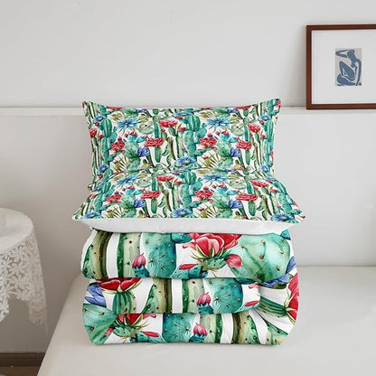 Cactus Flowers Comforter Set Twin Size for Kids Desert Green Botanical Bedding Sets All Season Bohemia Exotic Rustic Quilt Set Bedroom Decor Western Farmhosue Down Comforter,2Pcs