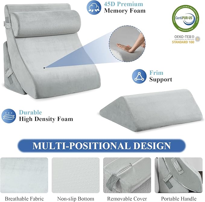 4PCS Orthopedic Bed Wedge Pillow Set, Post Surgery 45D Memory Foam for Back, Neck, and Leg Pain Relief Pleasing & Adjustable Support Pillows-Ease Acid Reflux & GRED with Better Sleep, Light Grey