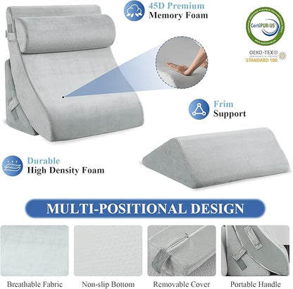 4PCS Orthopedic Bed Wedge Pillow Set, Post Surgery 45D Memory Foam for Back, Neck, and Leg Pain Relief Pleasing & Adjustable Support Pillows-Ease Acid Reflux & GRED with Better Sleep, Light Grey