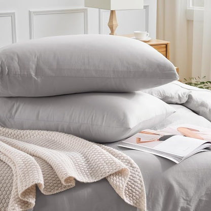 NEXHOME PRO Duvet Cover Set King Size Linen Feel Textured Organic Natural 100% Washed Cotton Duvet Cover 3 Pieces Bedding Set with Zipper Closure, Breathable, Soft, Light Grey (No Comforter)