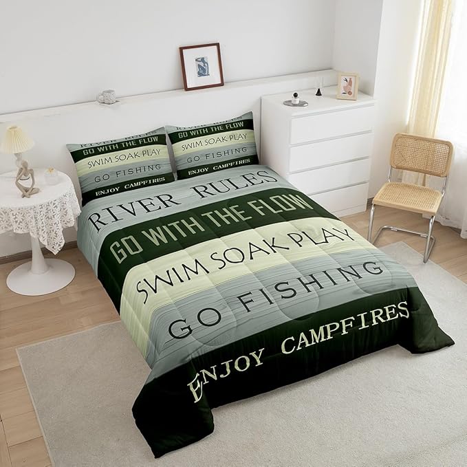 Castle Fairy River Theme Comforter Set,Rustic Farmhouse Bedding Set for Kids Girls Women,Adults Green Wood Panels Comforter,Go Fishing Quilted Duvet Set Bedroom Collection Twin Size 2Pcs
