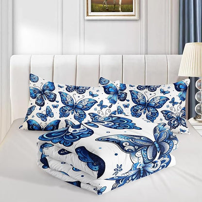 Blue Butterfly Comforter Bedding Set King Size,Bohemian Style Blue Series Bedding for Kids Girls Boys,Insect Themed Children's Bedding Soft Fluffy Comforter Sets with 2 Pillowcases.