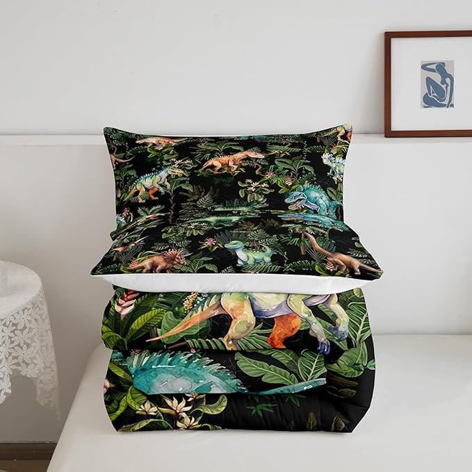 Castle Fairy Watercolor Dinosaur Full Size Comforter Set,Cartoon Dino Animal Oil Painting Style Bedding Comforters Bedroom Collection,Green Leaves Tropical Natural Plants Bedding Set for Girls Teens