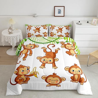 Feelyou Kids Cute Monkeys Bedding Set Cartoon Monkey Banana Decor Comforter for Kids Boys Girls Wild Animal Pattern Comforter Set Natural Wildlife Quilt Set Bedroom Collection 3Pcs Full Size