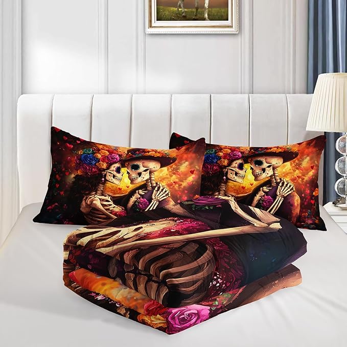 Skull Printed Comforter Set King Size,Skeleton Couple Embrace Bedding Romantic Flower Comforter Set for Kids Girls Room Decor,Artistic Aesthetics Bedding Set with 2 Pillowcases.